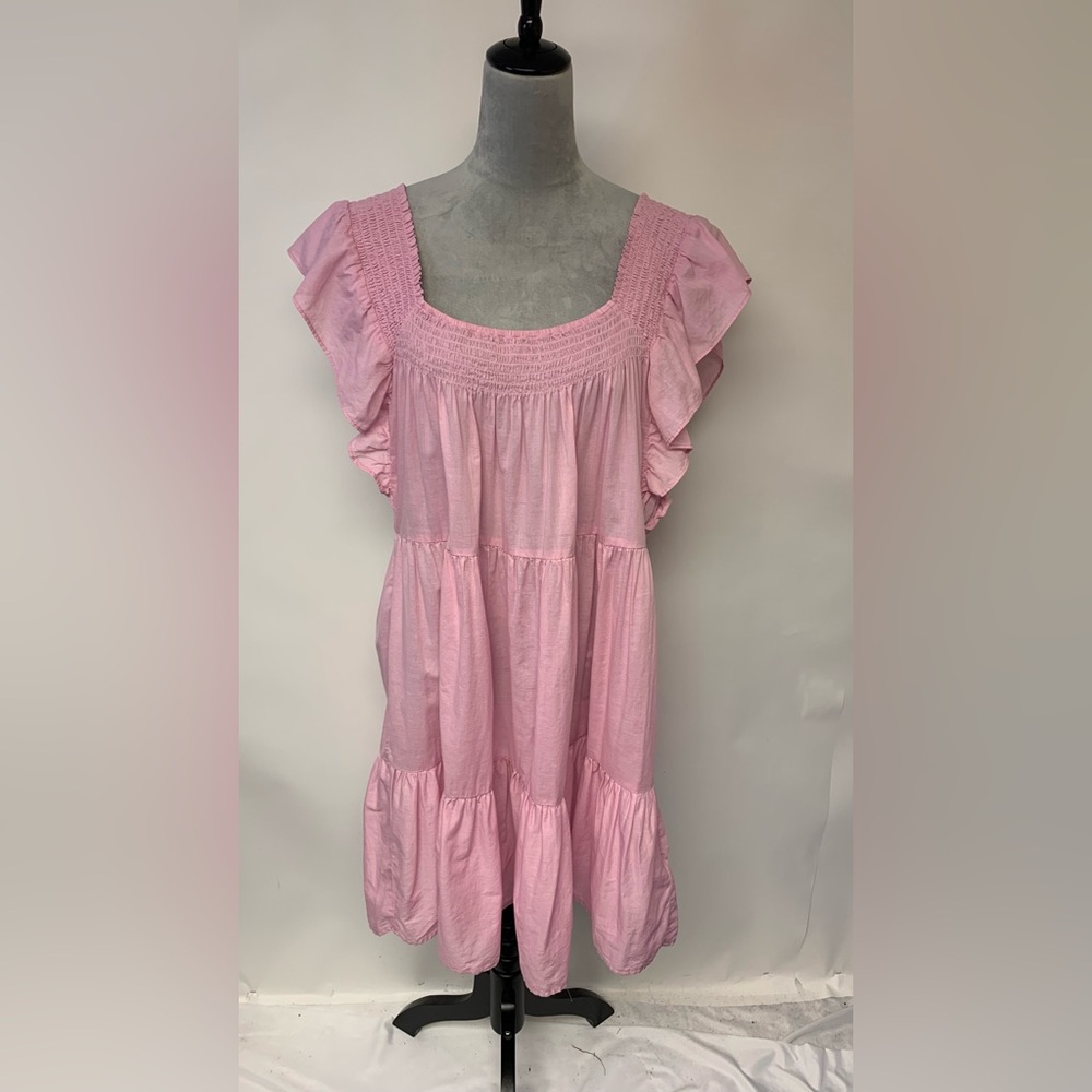 JCrew Dress Pink Coquette  Romantic Tired Smocking  Flutter Sleeves Womens SZ XL